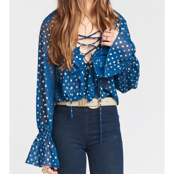 Show Me Your Mumu Elton Ruffled Lace Up Blouse Teal Gold Polka Dot M Medium - Picture 2 of 12